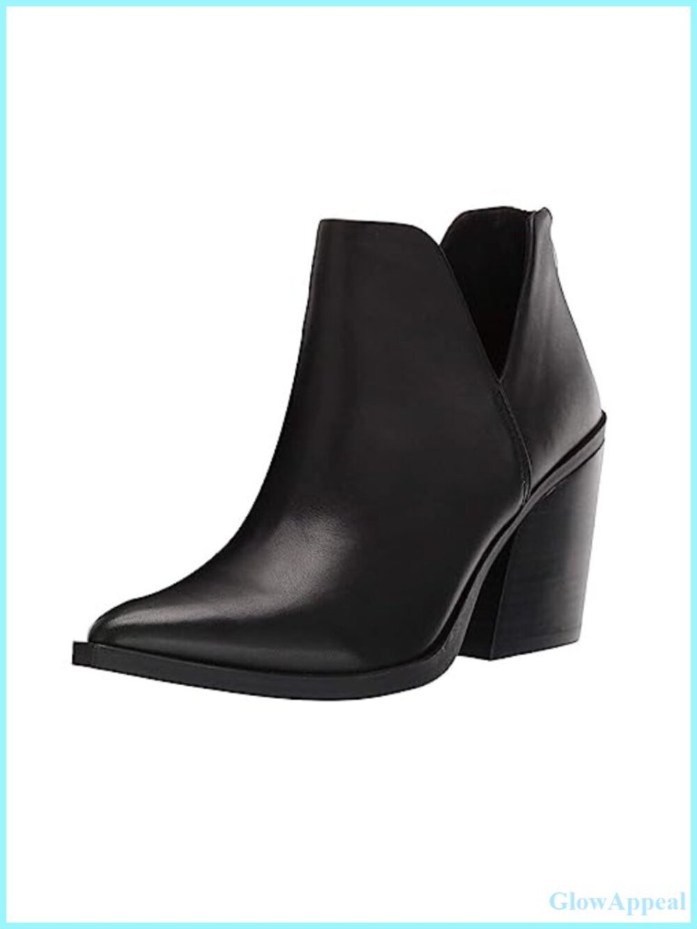 Womens Slip On Ankle Boots V Cutout Pointed Toe Chunky Stacked Mid Heel Booties
